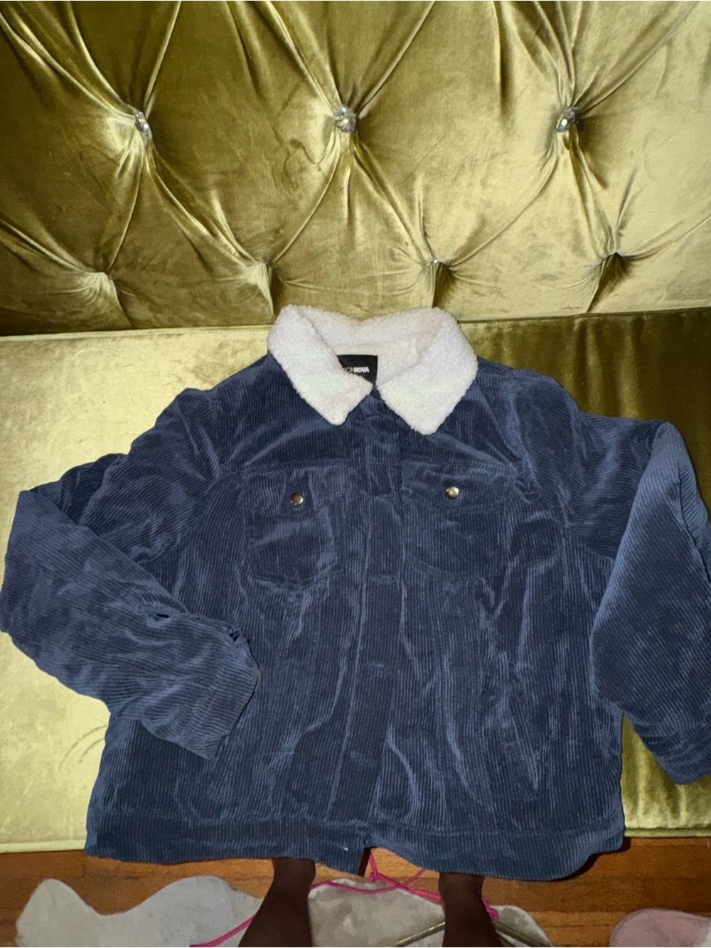 Fashion Nova Navy Corduroy Bomber with White Sherpa Collar